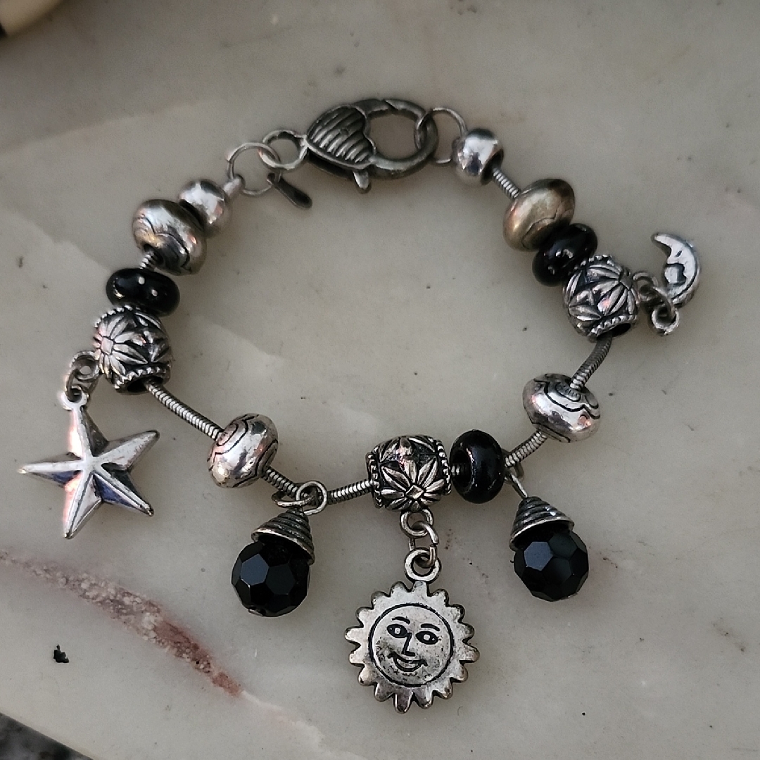 Rmn Silver Tone Black Stone Sun, Moon, Star Beaded Charm Bracelet
